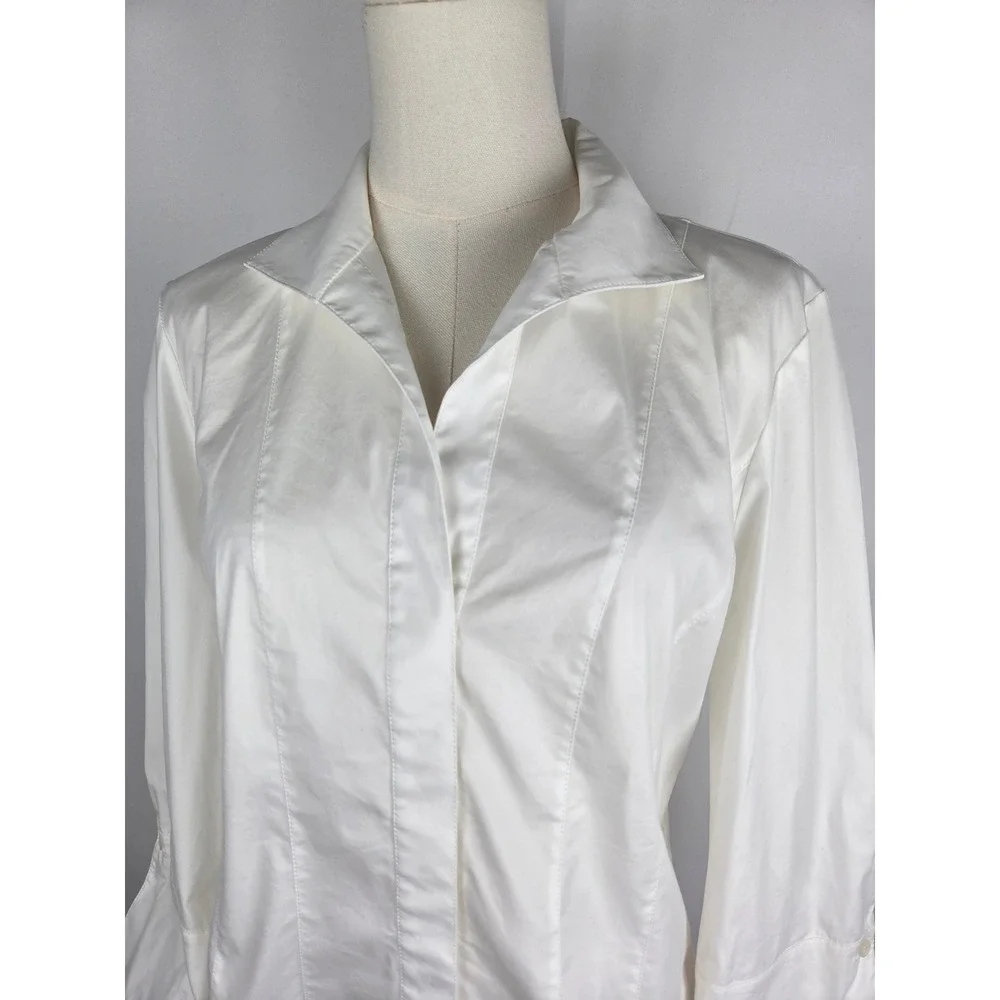 Lafayette 148 Button Down Blouse Sz 6 White 3/4 Sleeve Stretch Cotton Old Money - Picture 2 of 11